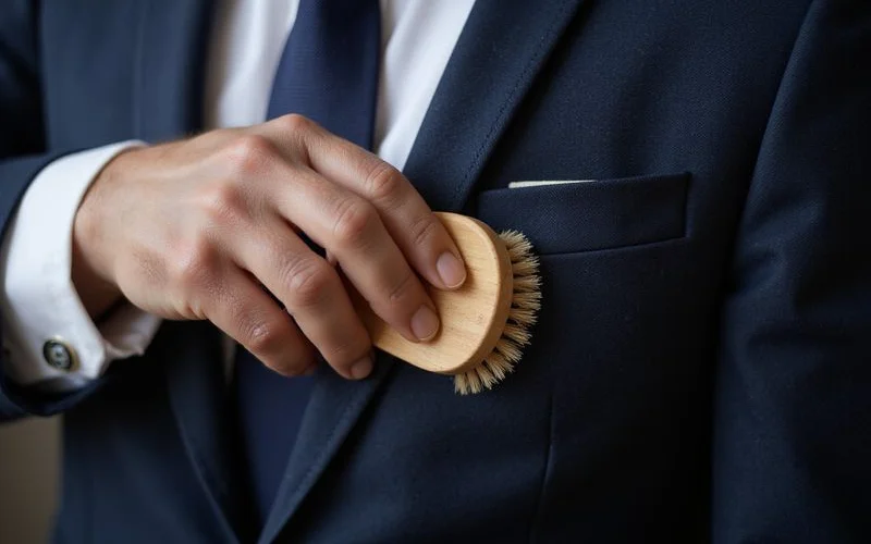 Brushing suit jacket with natural bristle clothes brush