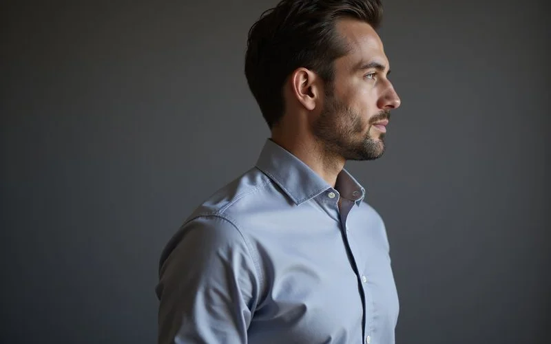 Side view of dress shirt showing proper body fit without billowing