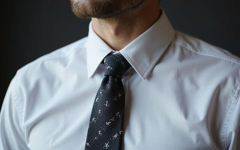 Spread collar dress shirt with windsor knot tie