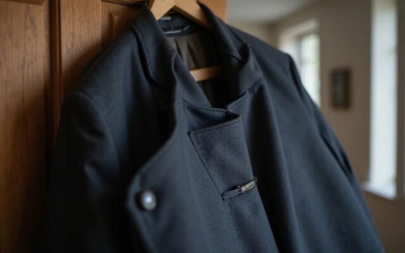 Suit hanging in garment bag for travel protection