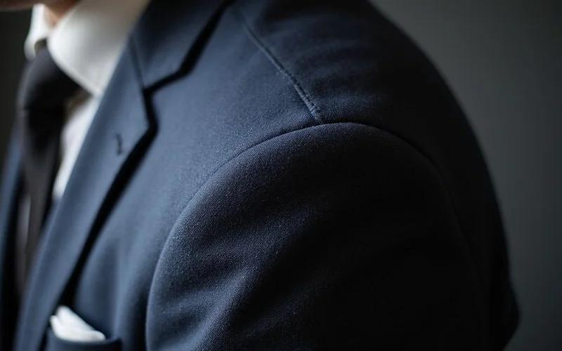 Suit jacket shoulder seam detail showing proper alignment