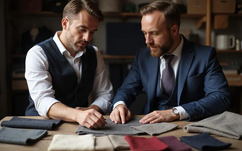 Tailor discussing fabric options with client over fabric swatches