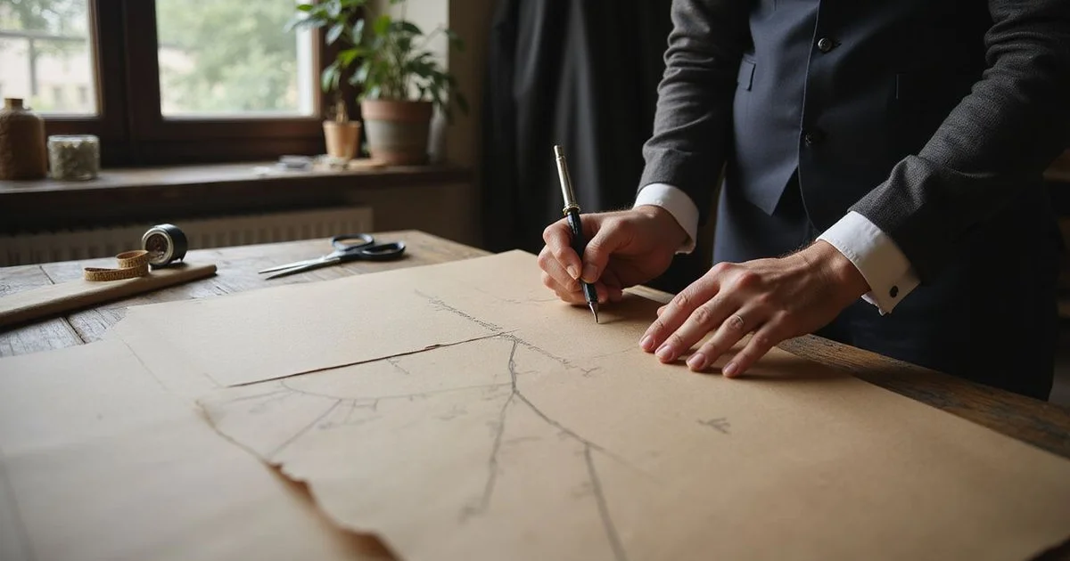 Bespoke paper pattern being drafted by tailor