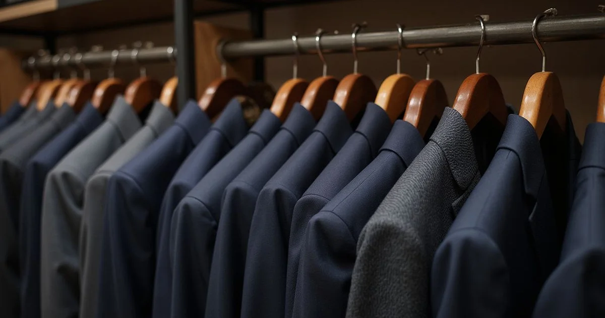 Properly stored bespoke suits on quality hangers